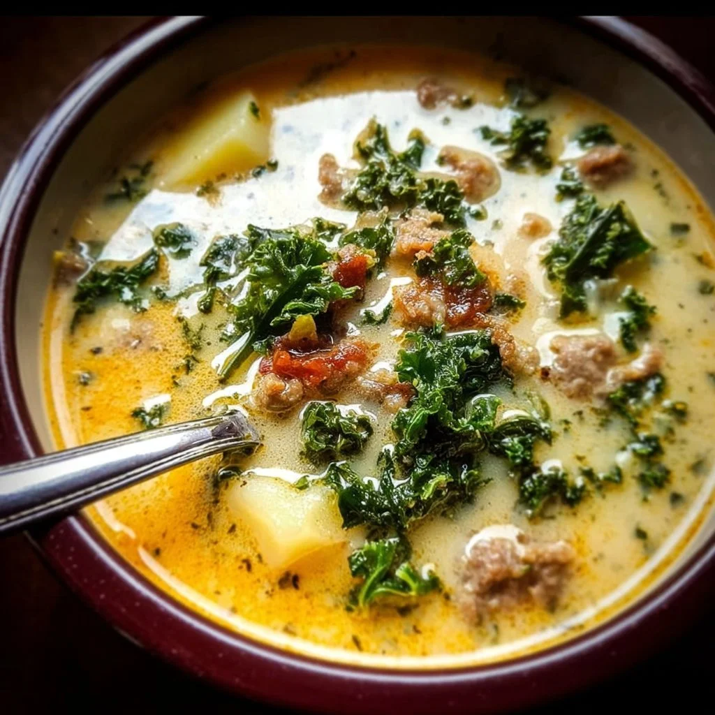 Delicious healthy slow cooker Tuscan soup in a bowl with fresh ingredients.