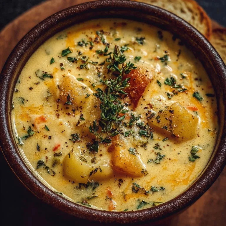 Bowl of hearty cheddar garlic herb potato soup topped with fresh herbs