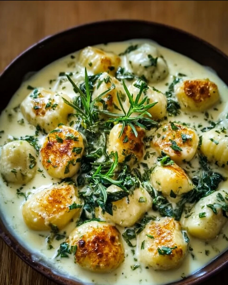Heavenly Millionaire Gnocchi served in creamy sauce, garnished elegantly.