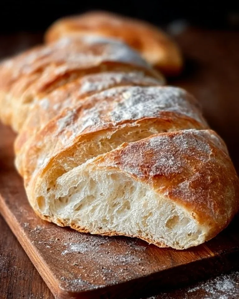 Freshly baked homemade ciabatta bread with a crispy crust and airy texture.