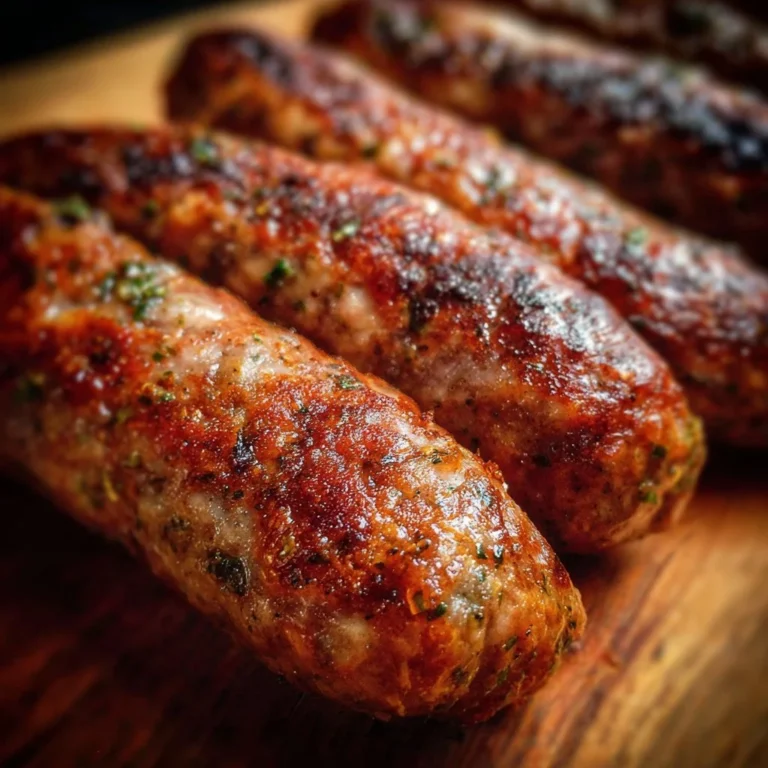 Homemade Italian sausage on a rustic wooden board, seasoned with herbs.