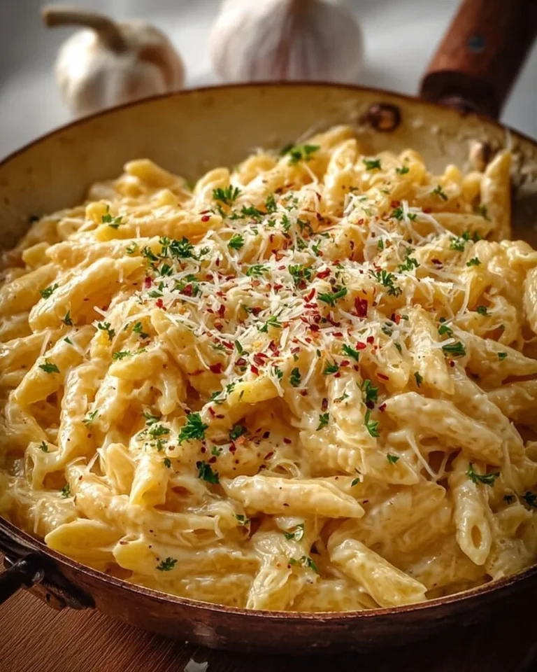 Creamy one pot garlic pasta dish garnished with parsley
