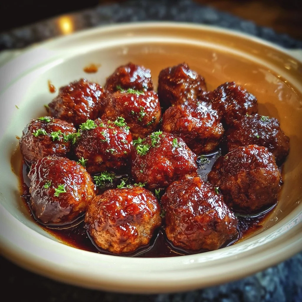 A plate of irresistibly delicious BBQ meatballs with sauce and herbs