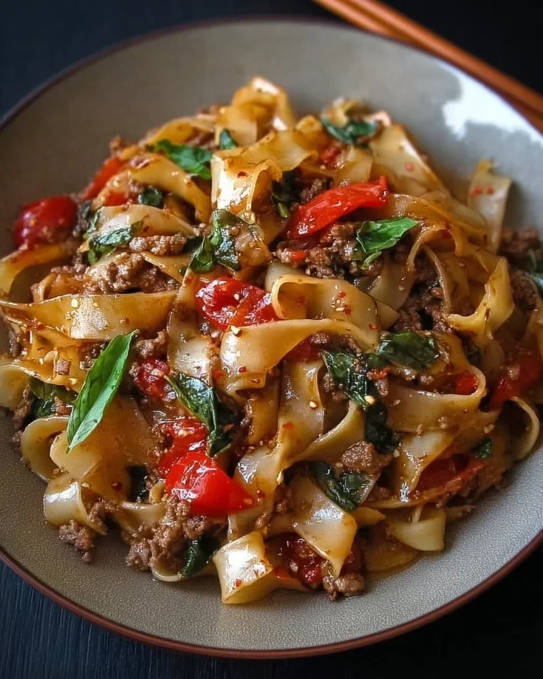 Plate of Italian Drunken Noodles with fresh herbs and vegetables