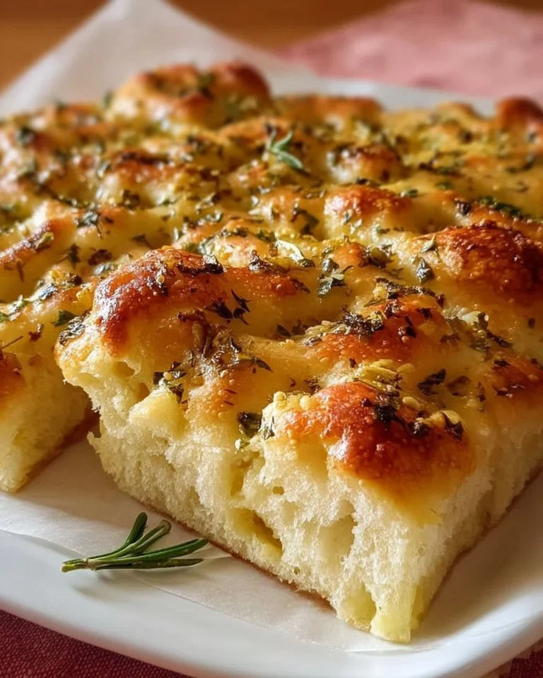 Delicious Italian Garlic Butter Focaccia served warm with herbs and olive oil.