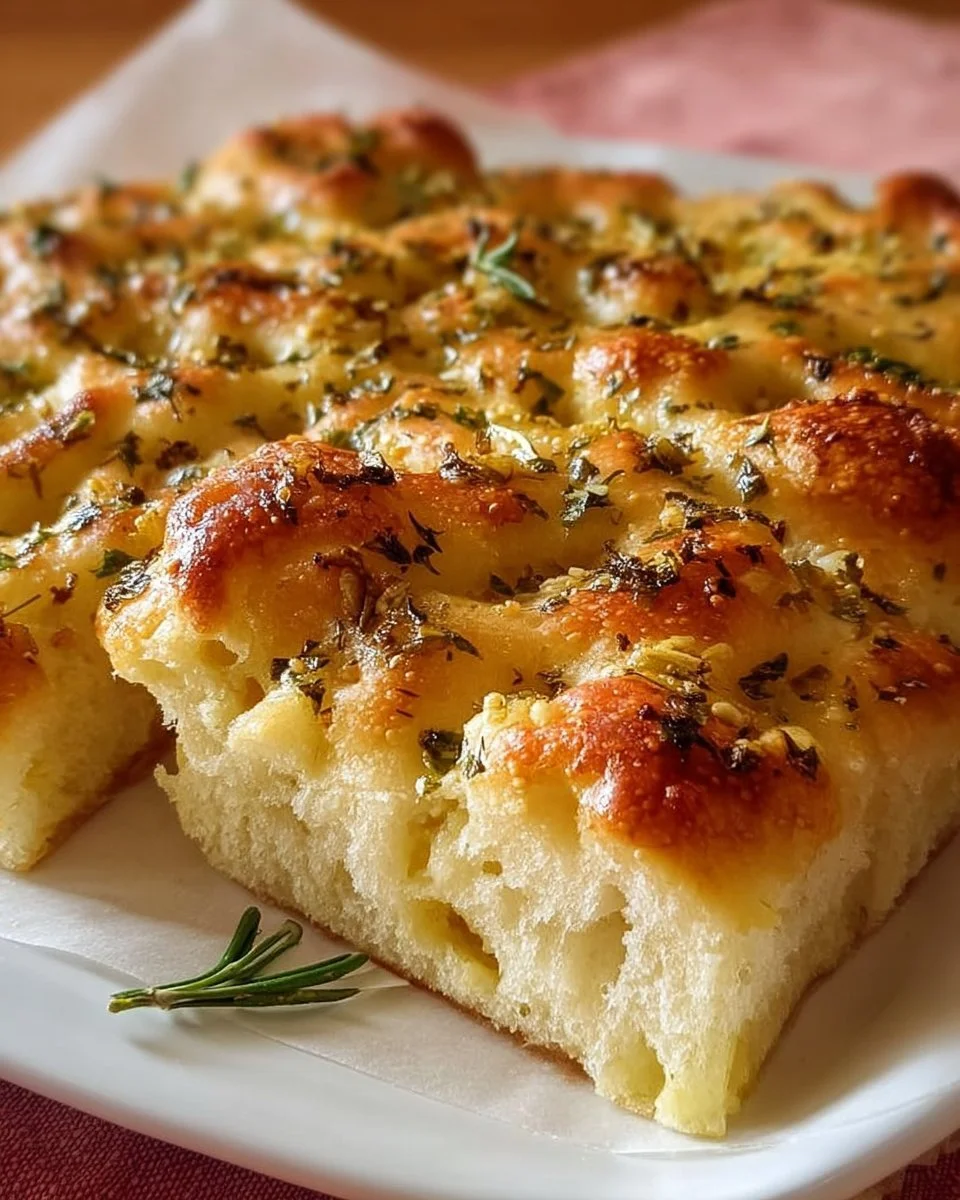 Delicious Italian Garlic Butter Focaccia served warm with herbs and olive oil.