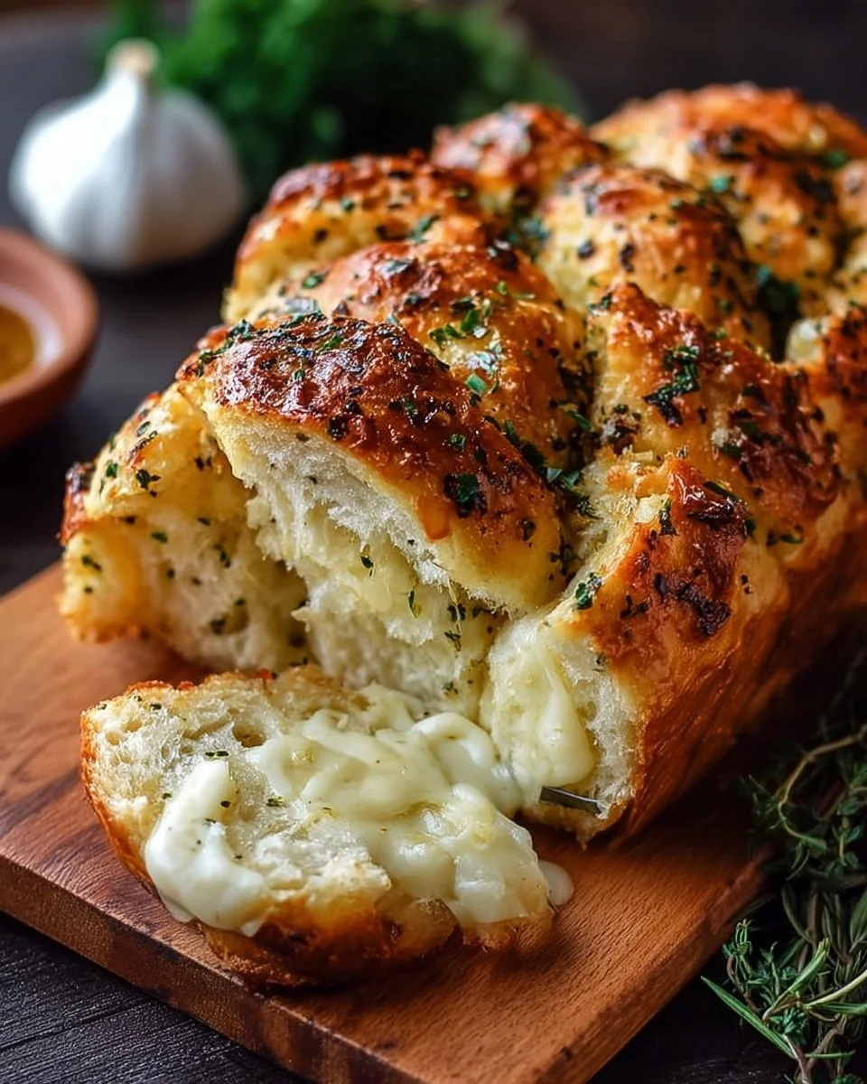 Freshly baked Italian herb and cheese bread sliced on a wooden board
