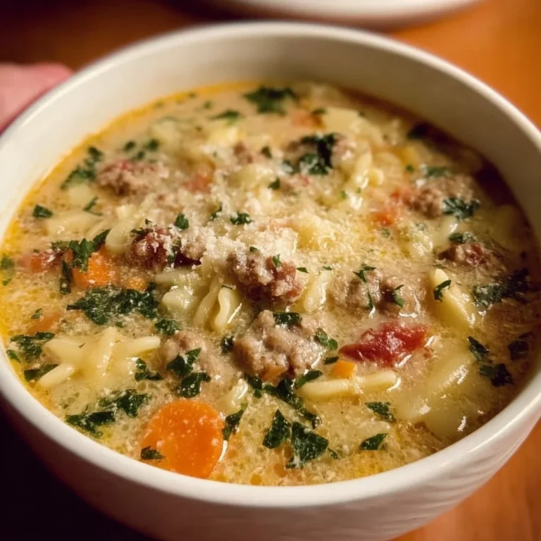Delicious bowl of Italian Sausage Pasta Soup topped with herbs and cheese