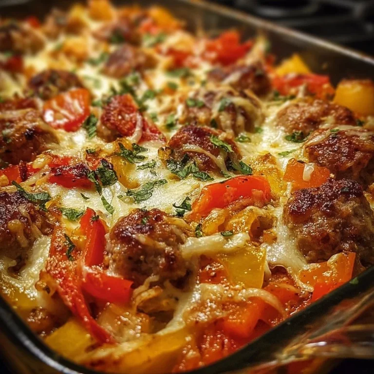 Delicious Italian sausage casserole with peppers and herbs in a baking dish
