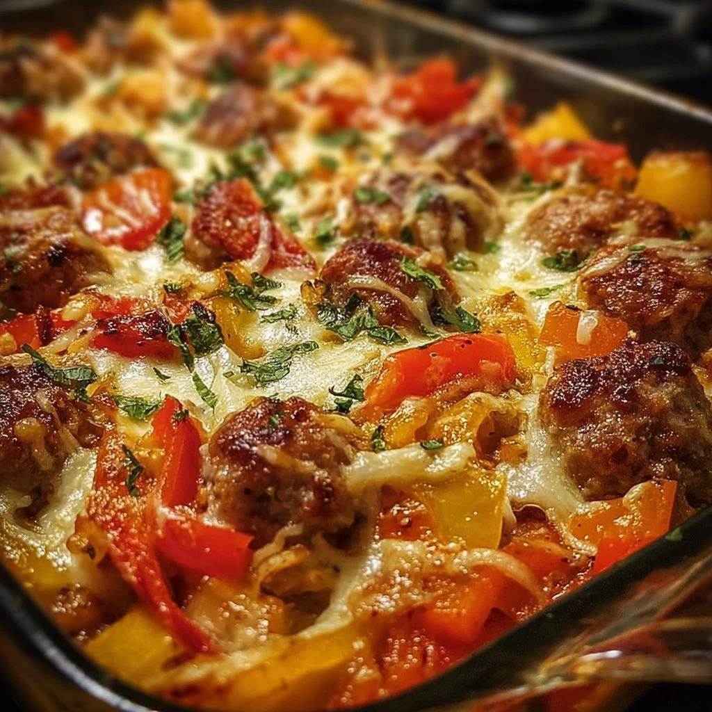 Delicious Italian sausage casserole with peppers and herbs in a baking dish
