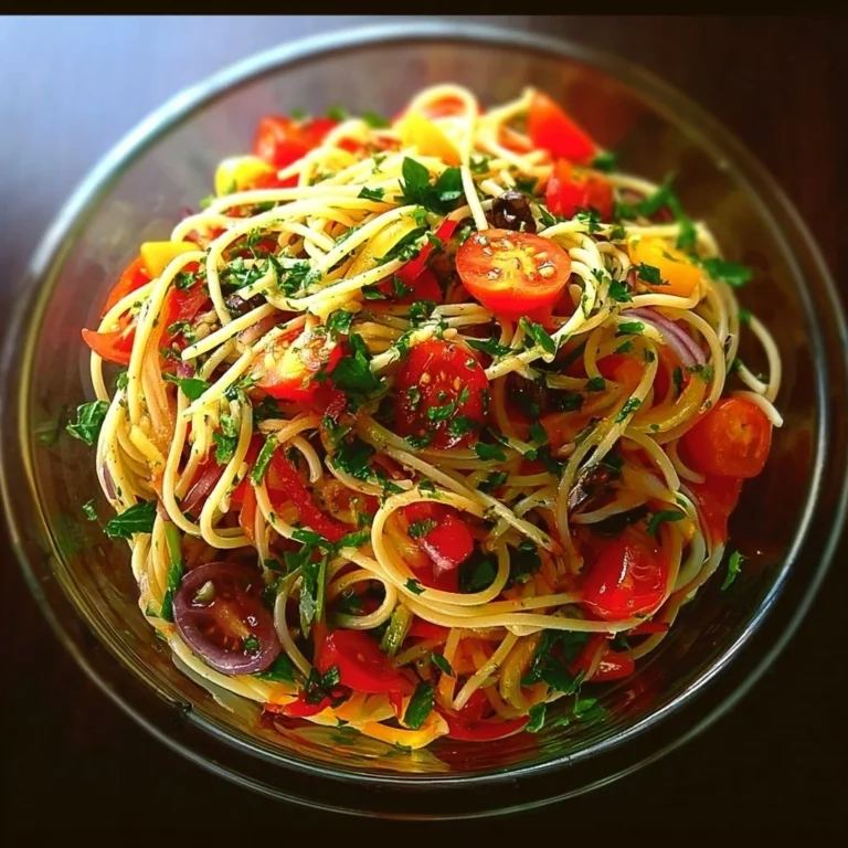 Colorful Italian Spaghetti Salad with fresh vegetables and dressing