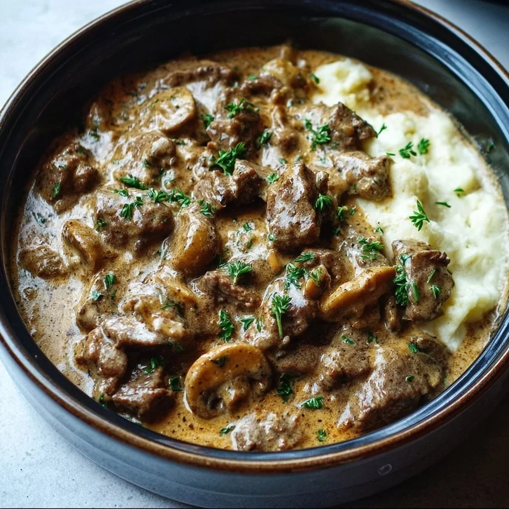 Keto Crockpot Beef Stroganoff served in a bowl with mushrooms and herbs.
