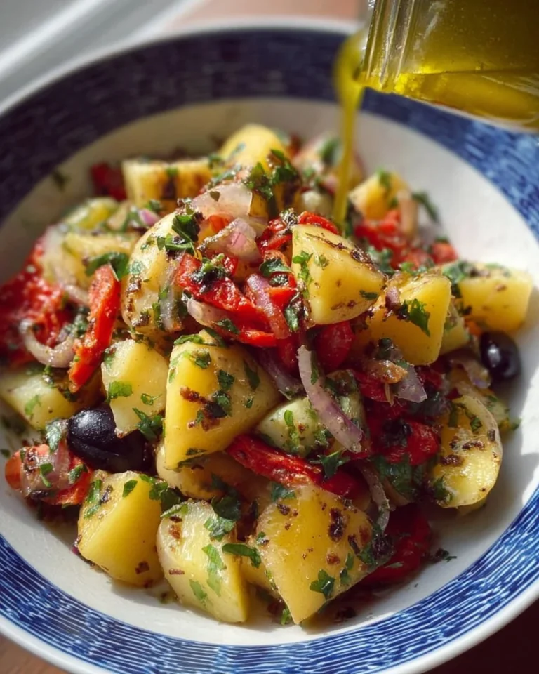 Mediterranean inspired potato salad with olives, tomatoes, and herbs