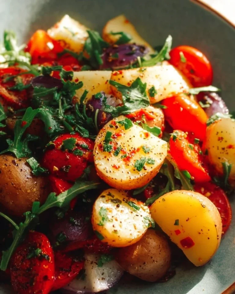 Delicious Mediterranean Potato Salad with fresh herbs and vegetables.