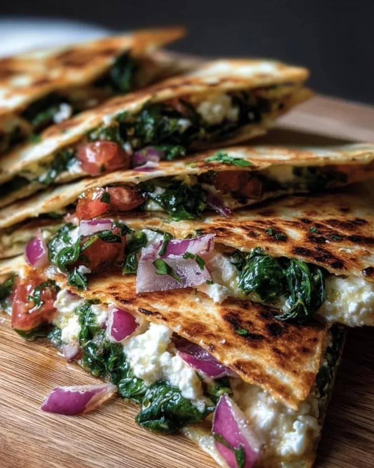 Mediterranean quesadillas with spinach, feta, and mozzarella cheese on a plate