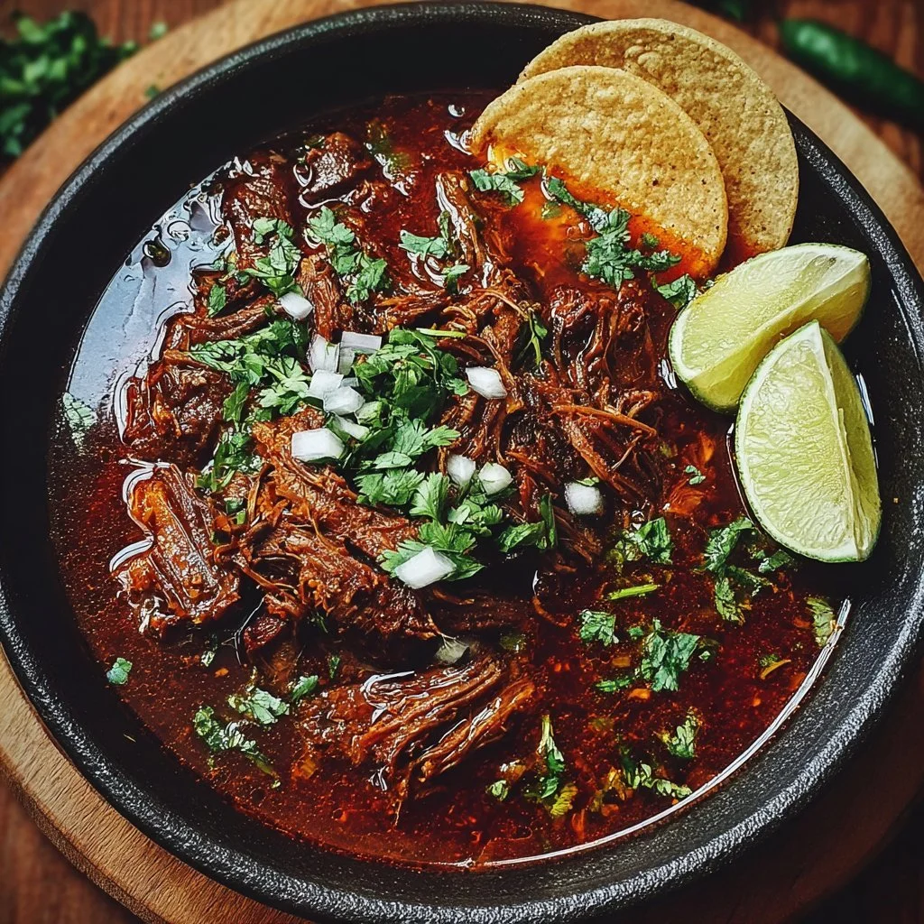 Delicious bowl of Mexican beef birria with rich broth and tender meat.