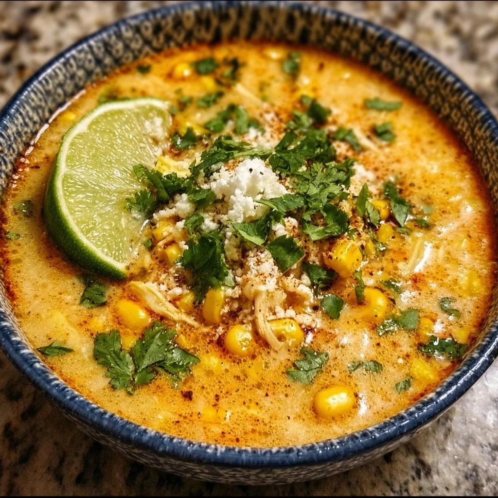Delicious bowl of Mexican Street Corn Soup topped with cilantro and lime