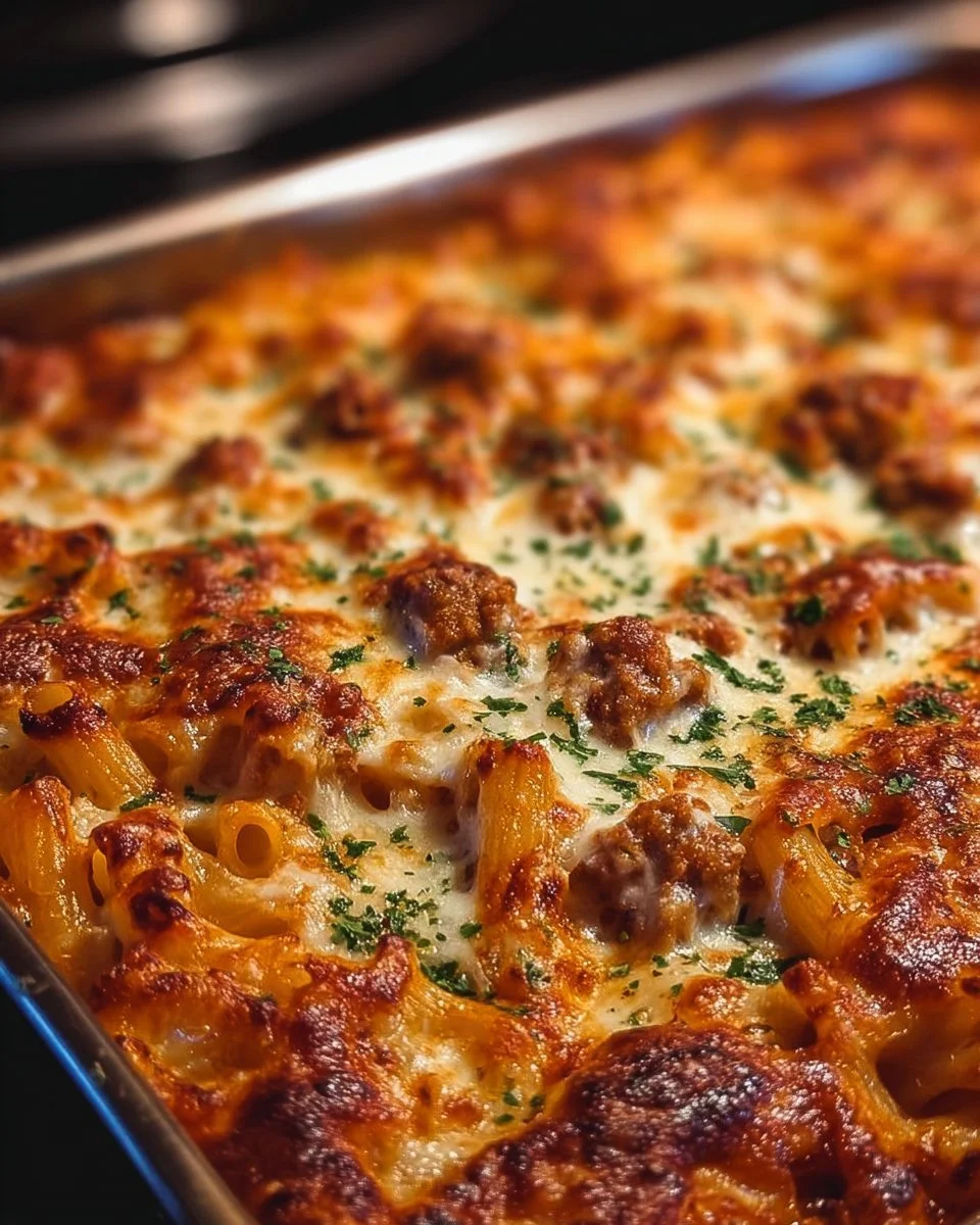Delicious Million Dollar Baked Ziti topped with cheese and herbs