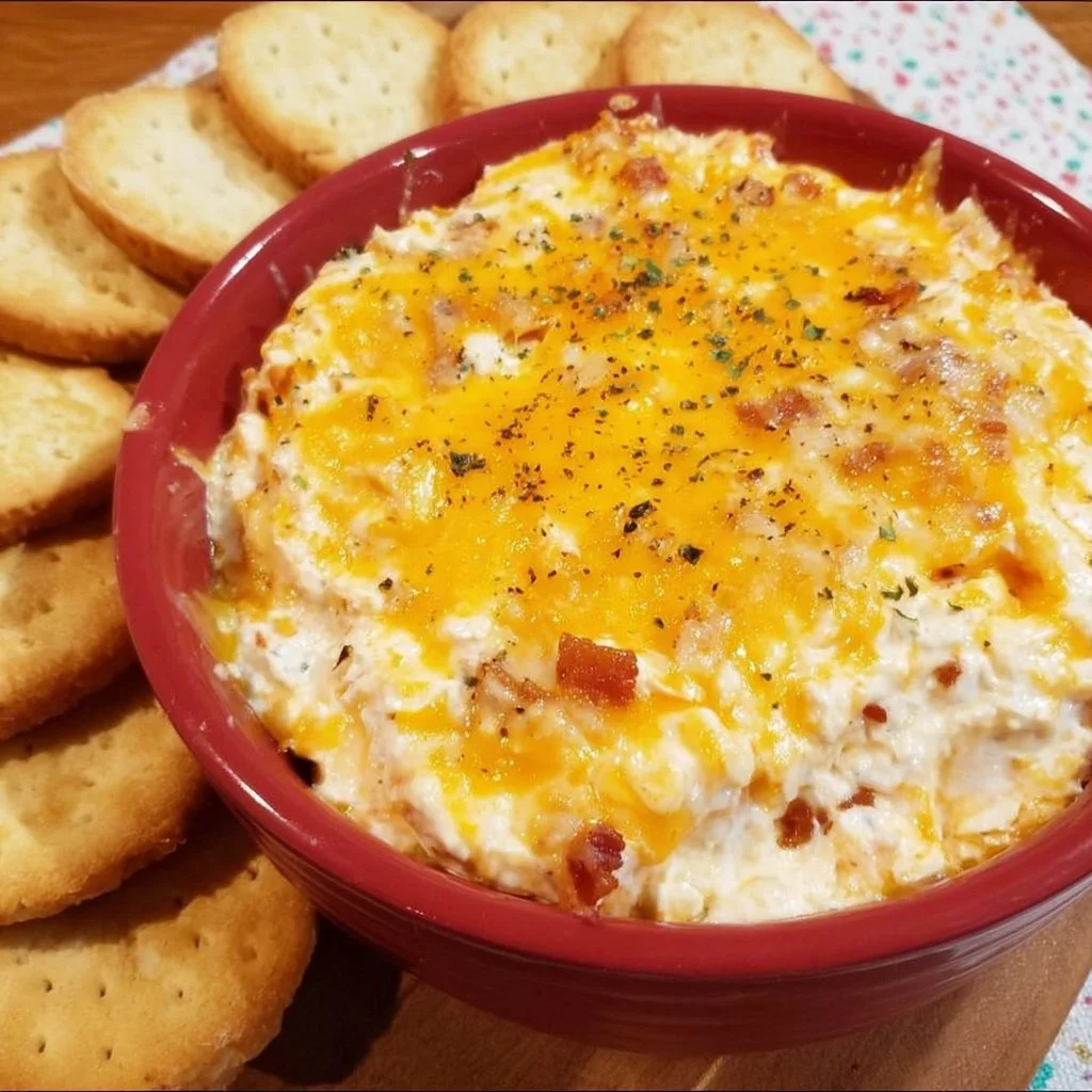 Delicious Million Dollar Crack Dip served in a bowl with crackers and toppings
