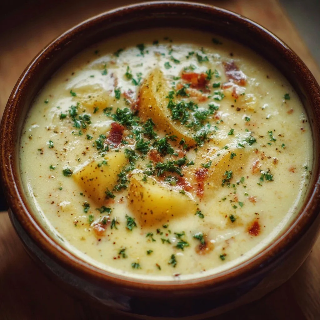 Creamy Outback Potato Soup served in a bowl with garnishes