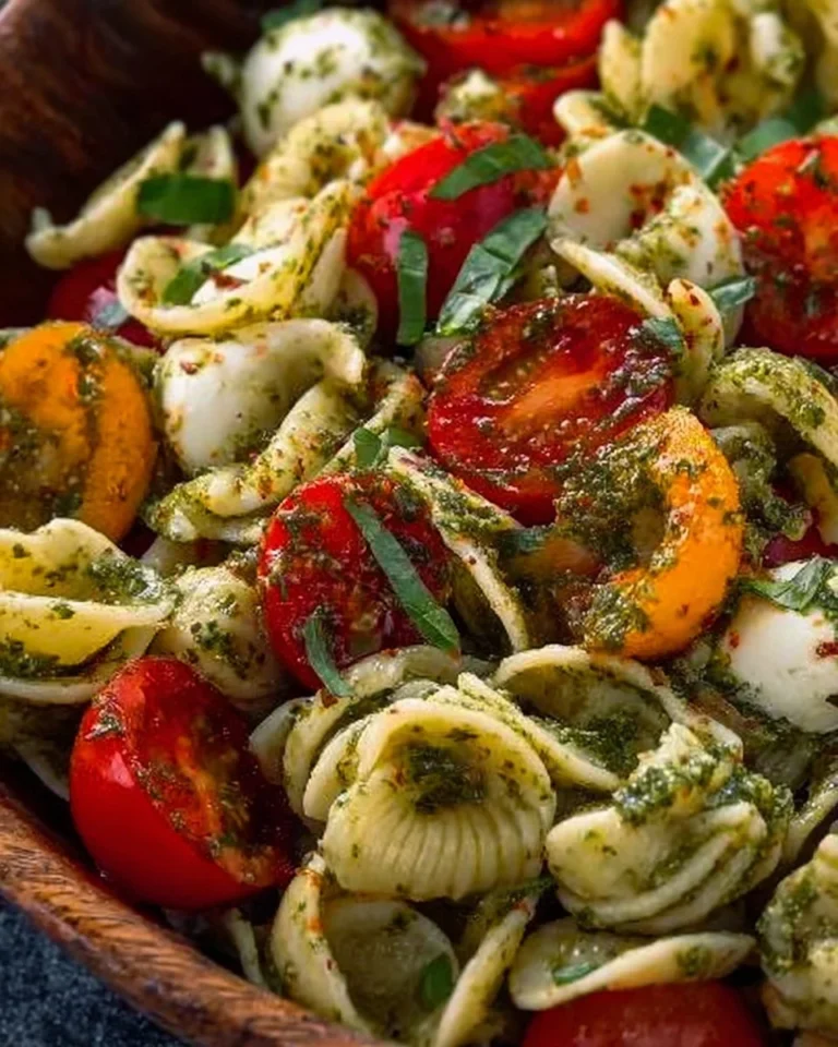 Pesto pasta salad with fresh tomatoes and mozzarella cheese in a bowl