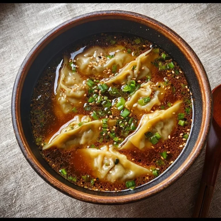 Bowl of delicious Potsticker Soup with dumplings and herbs