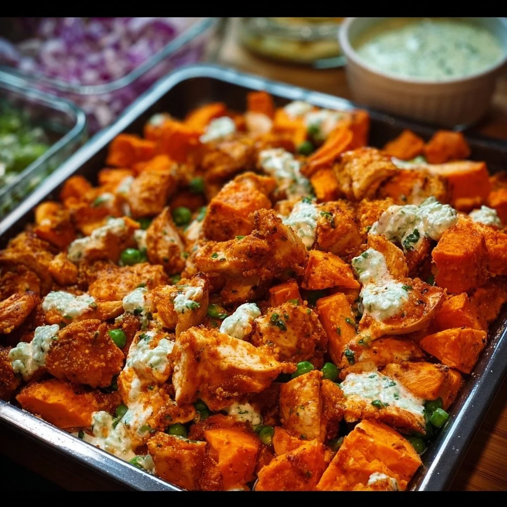 Sheet Pan Buffalo Chicken and Sweet Potato Bowl served on a plate