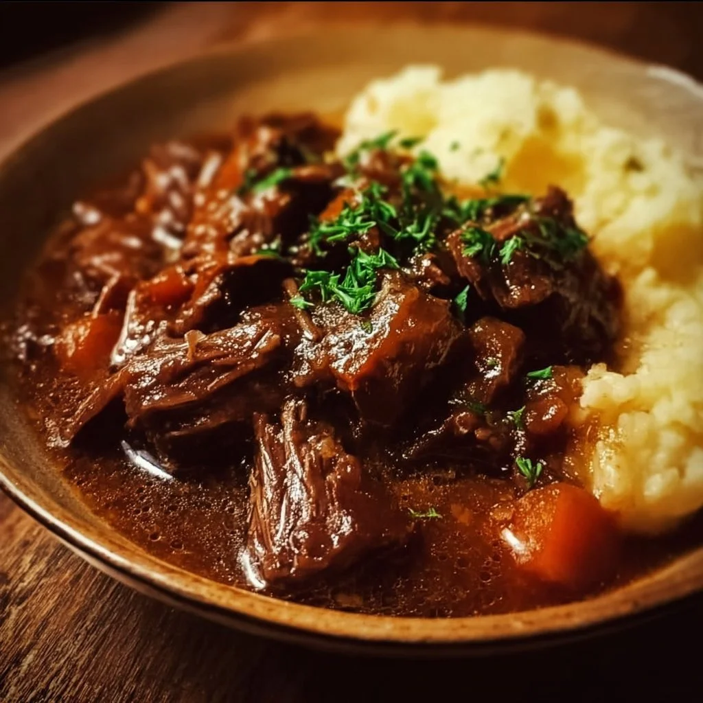 Delicious Slow Cooker Beef Manhattan served in a bowl with gravy