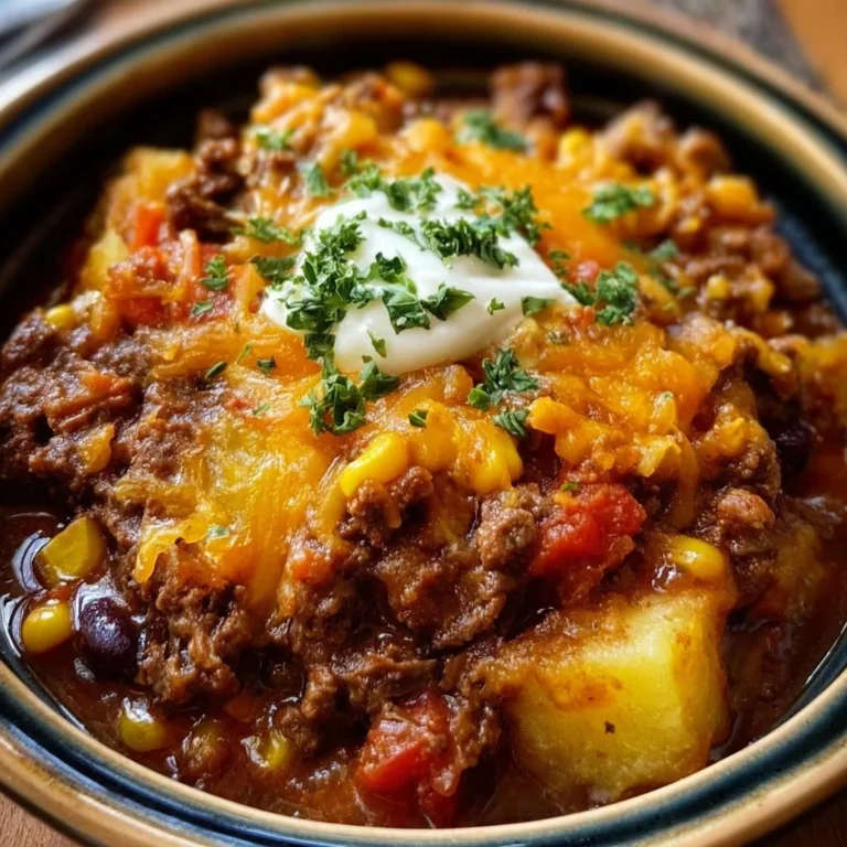 A delicious bowl of Slow Cooker Cowboy Casserole with beans and beef.