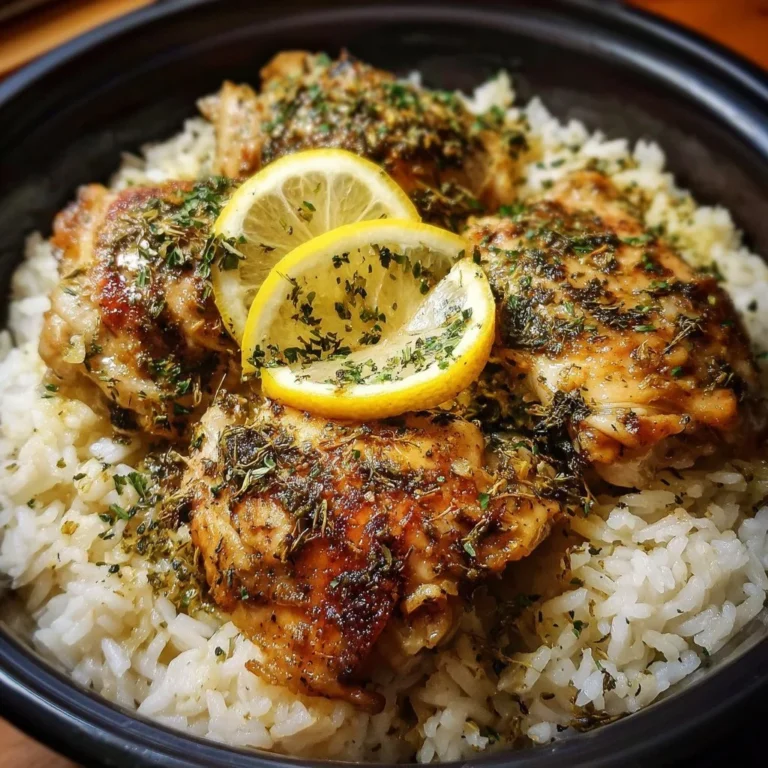 Slow cooker lemon herb chicken with fluffy rice on a white plate