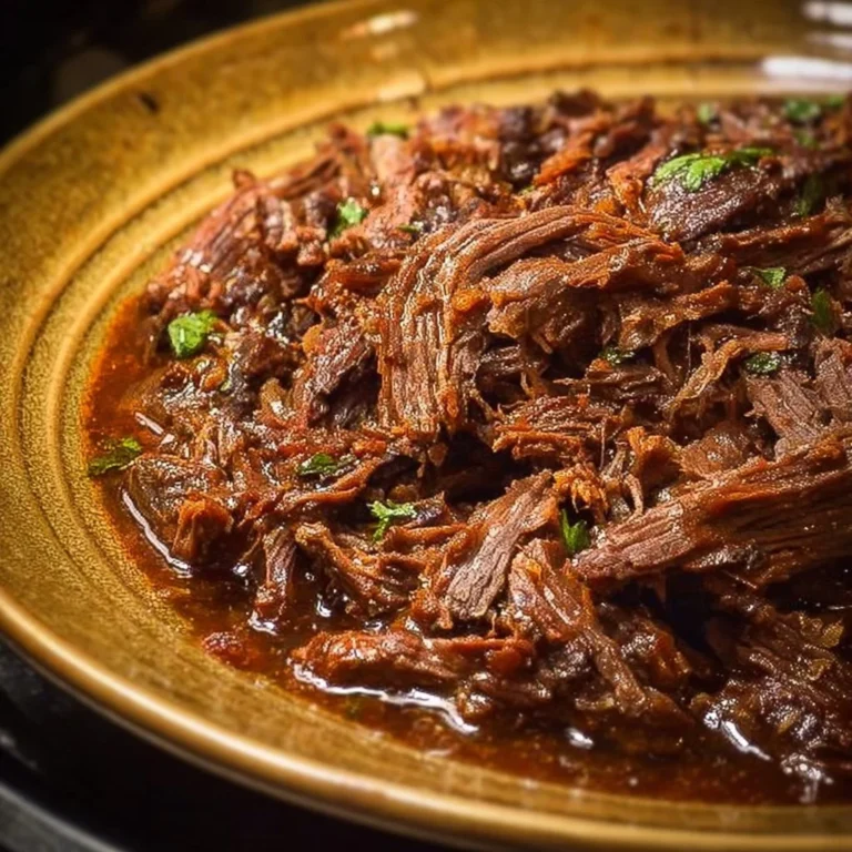 Slow cooker shredded beef recipe with juicy, tender meat served with sides