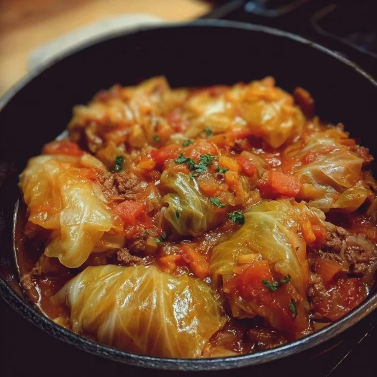 Slow cooker unstuffed cabbage rolls served in a bowl with fresh herbs