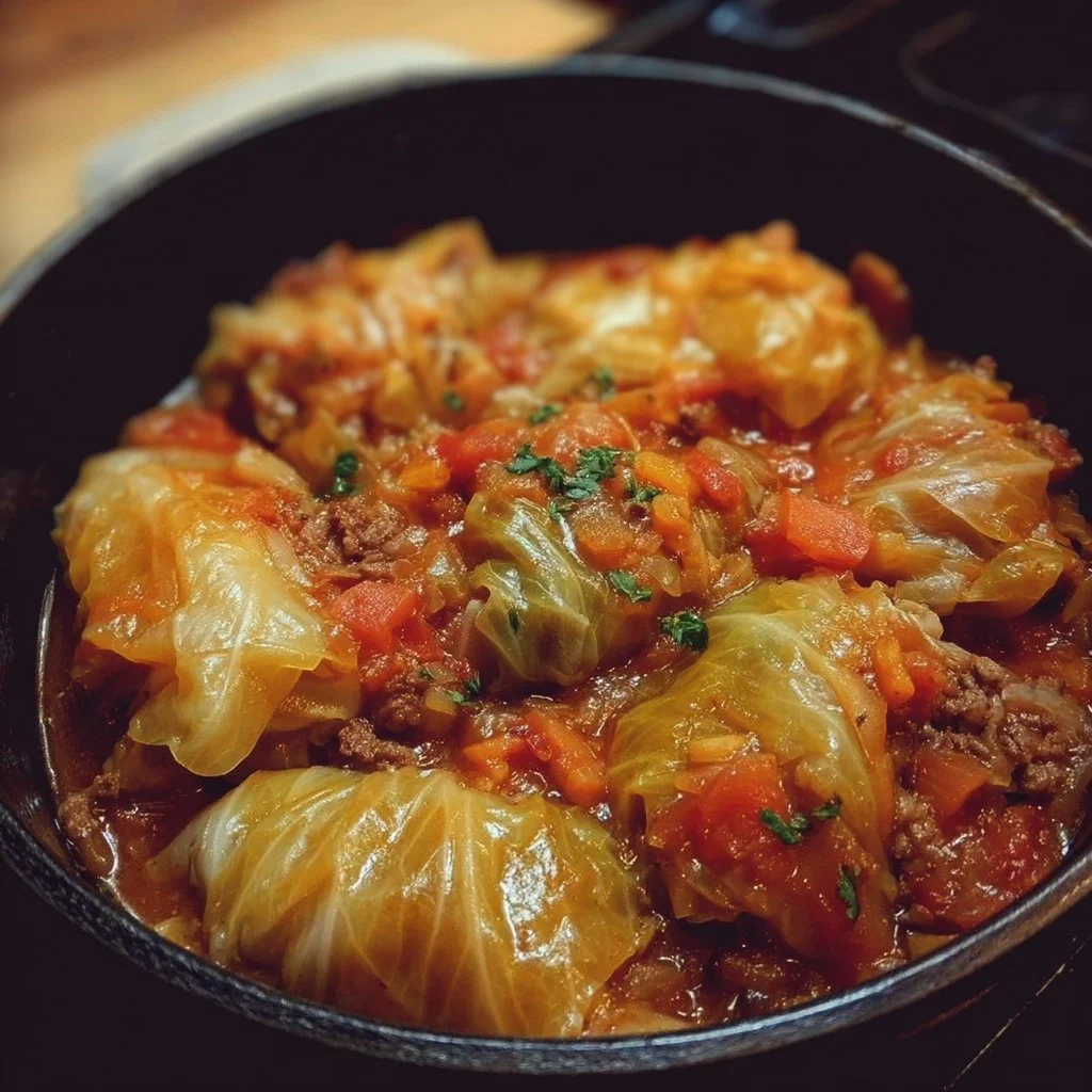 Slow cooker unstuffed cabbage rolls served in a bowl with fresh herbs