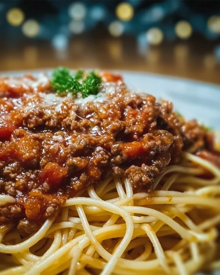 Plate of spaghetti topped with rich, homemade meat sauce