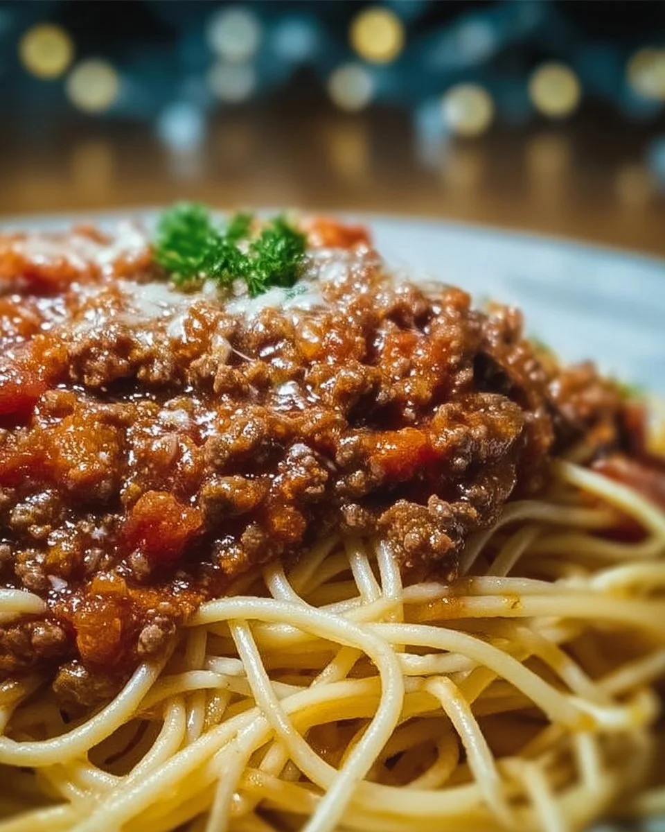 Plate of spaghetti topped with rich, homemade meat sauce