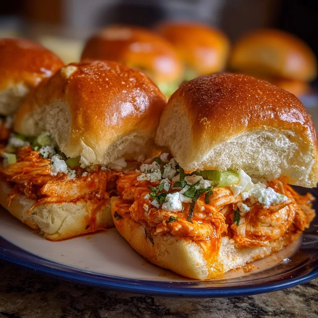 Spicy Buffalo Chicken Sliders served on a platter with garnishes