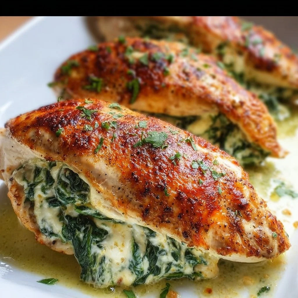 Spinach stuffed chicken breasts garnished with herbs on a plate.