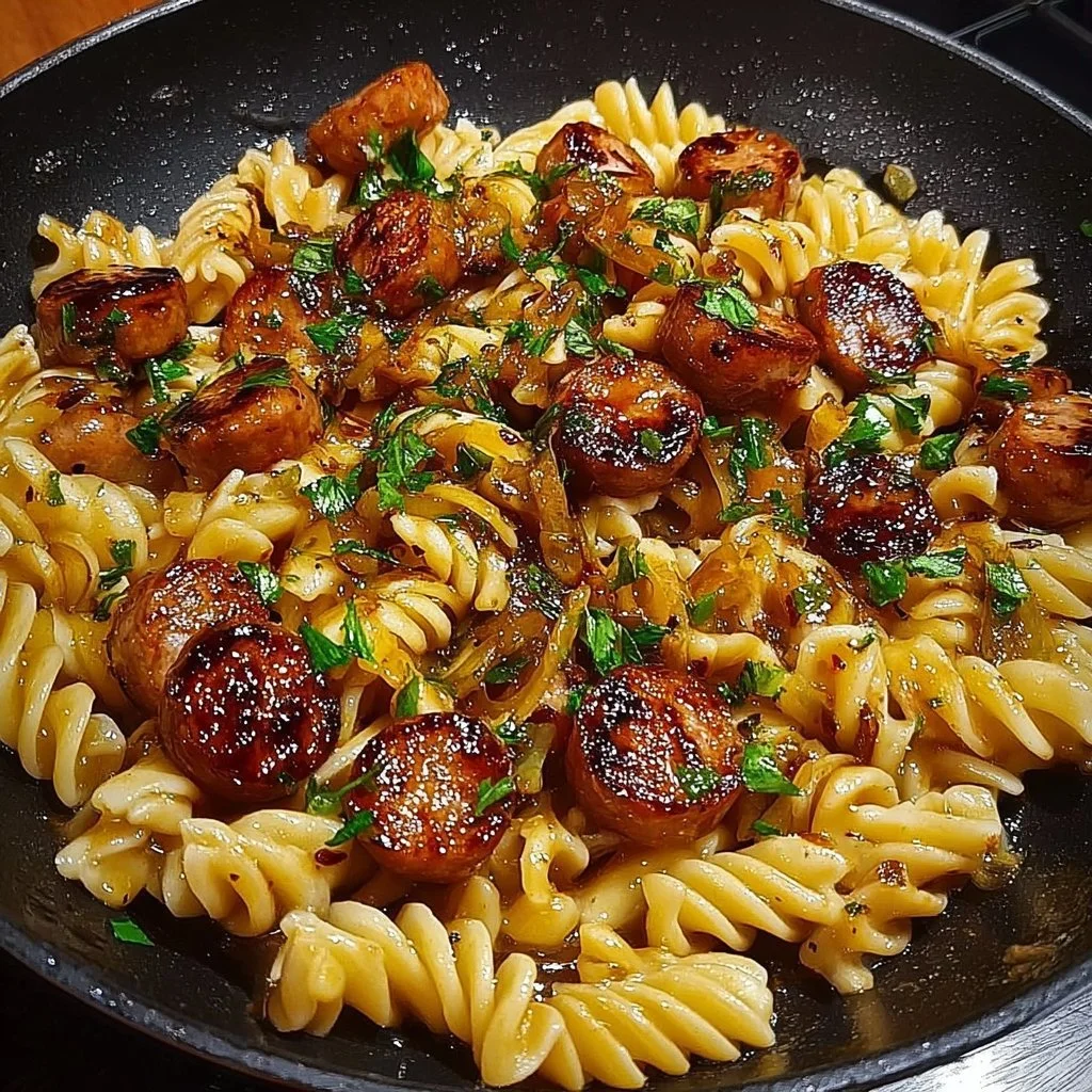 Sticky honey garlic sausage pasta served in a bowl, garnished with herbs.