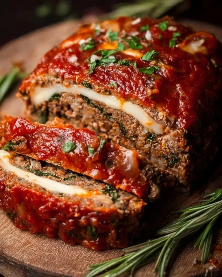 A delicious stuffed Italian meatloaf sliced and served with herbs and sauce.