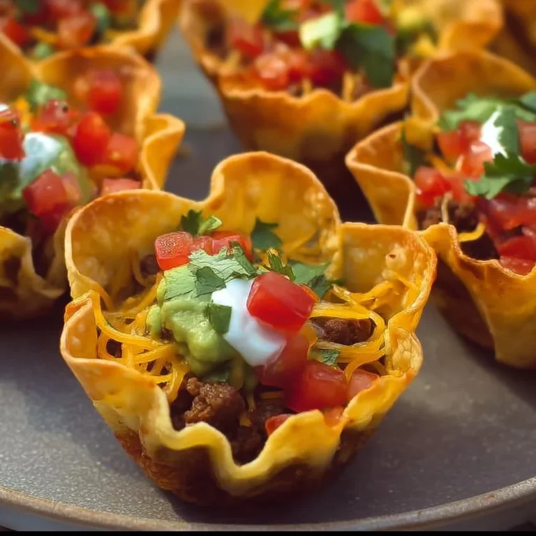 Delicious loaded taco cups filled with toppings and served on a plate