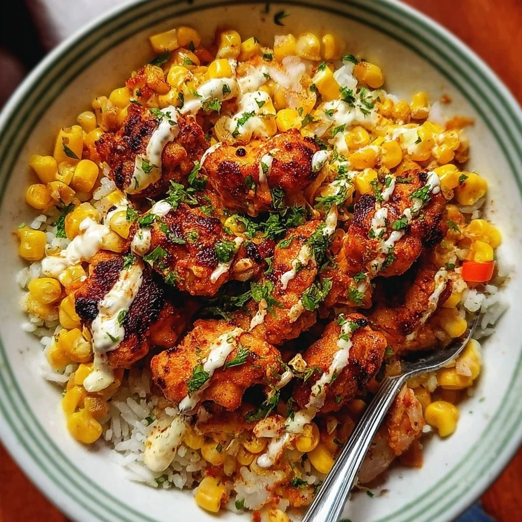 Tasty Street Corn Chicken Bowl featuring grilled corn, chicken, and fresh toppings.