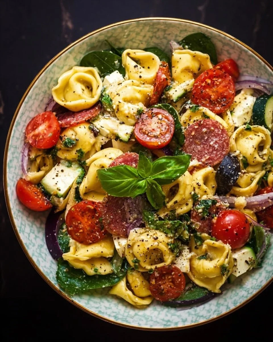 Colorful Tortellini Pasta Salad with fresh vegetables and dressing
