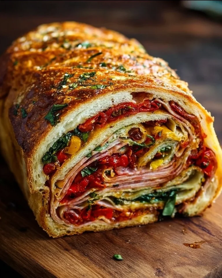Pressed Italian picnic sandwich loaf with layers of meats and cheeses in a rustic bread