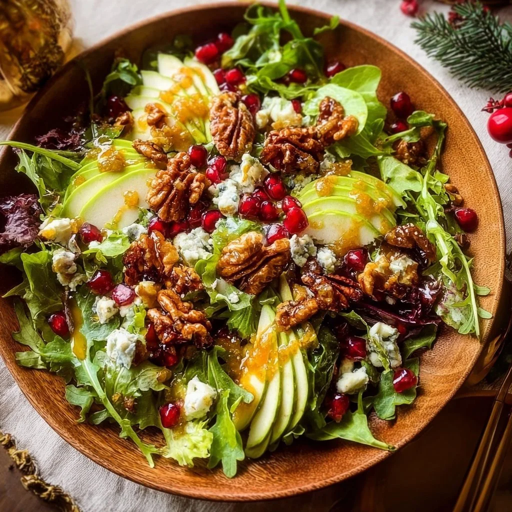 Winter Christmas Salad topped with honey mustard dressing, perfect for the holiday season.